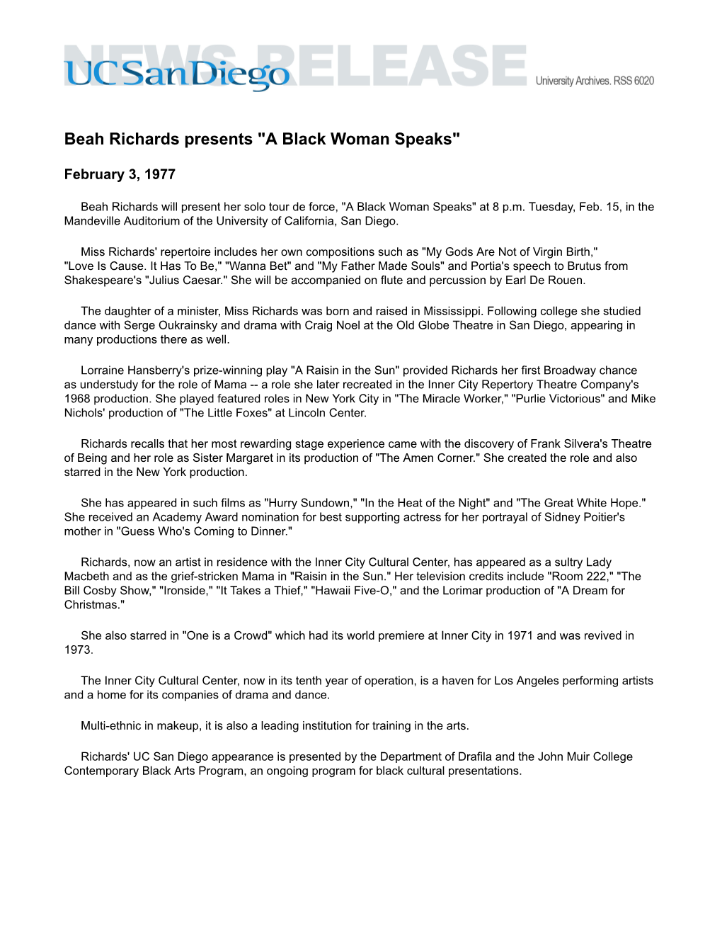 Beah Richards Presents "A Black Woman Speaks"