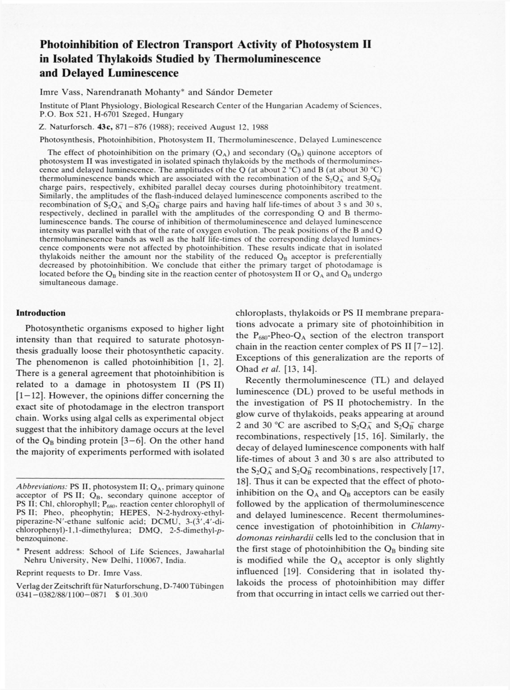 Photoinhibition of Electron Transport Activity of Photosystem II in Isolated Thylakoids Studied by Thermoluminescence and Delayed Luminescence