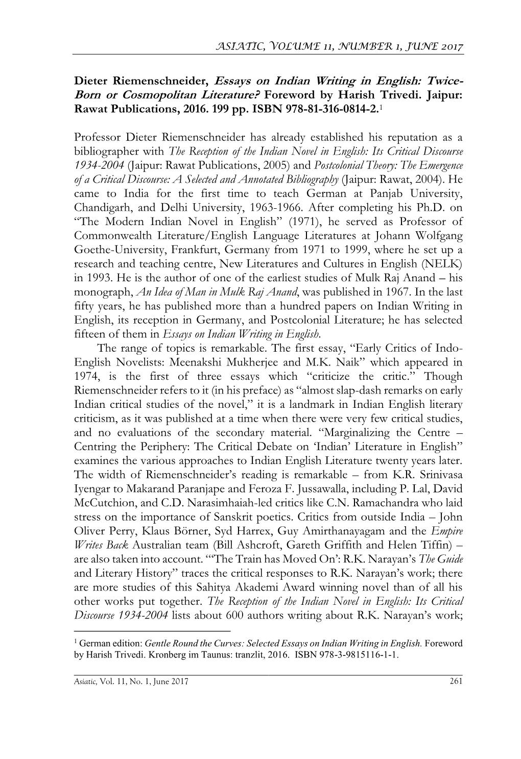 Dieter Riemenschneider, Essays on Indian Writing in English: Twice- Born Or Cosmopolitan Literature? Foreword by Harish Trivedi