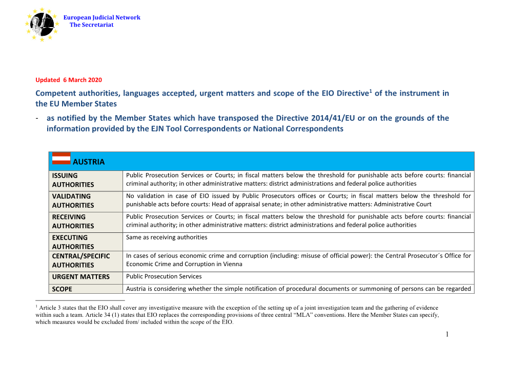 Practical Information on the Competent Authorities and Languages Accepted for the European Investigation Order in Criminal Matte