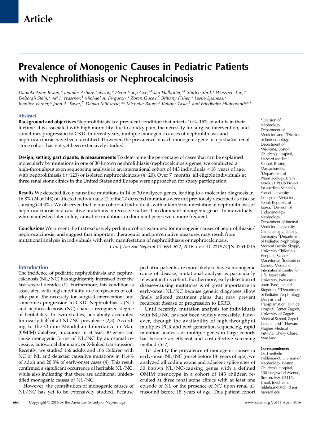 Prevalence of Monogenic Causes in Pediatric Patients with Nephrolithiasis Or Nephrocalcinosis