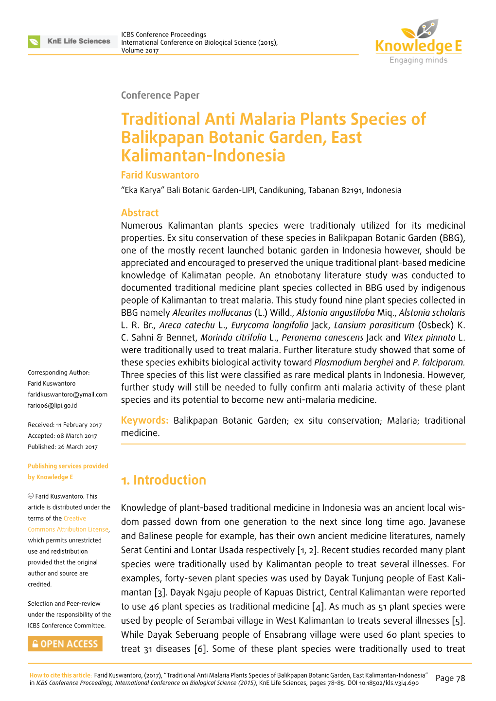 Traditional Anti Malaria Plants Species of Balikpapan Botanic