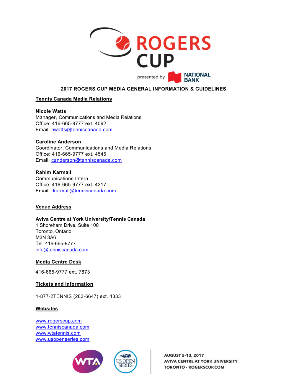 2017 Rogers Cup Media General Information & Guidelines