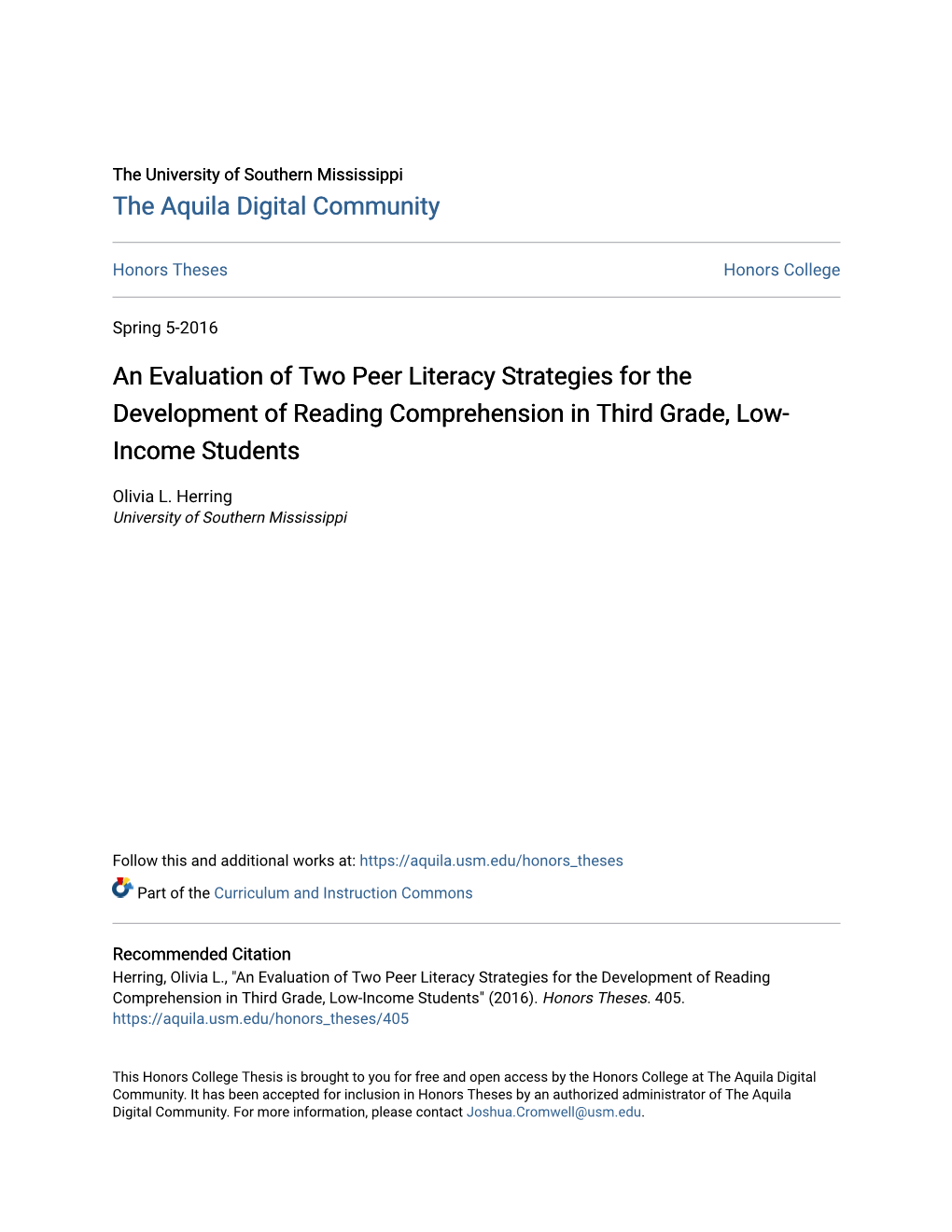 An Evaluation of Two Peer Literacy Strategies for the Development of Reading Comprehension in Third Grade, Low- Income Students