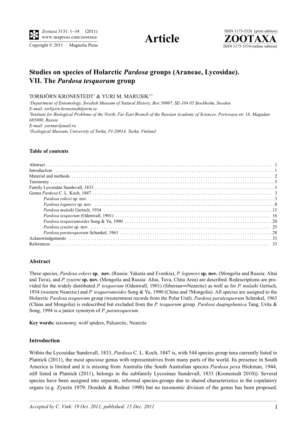 VII. the Pardosa Tesquorum Group