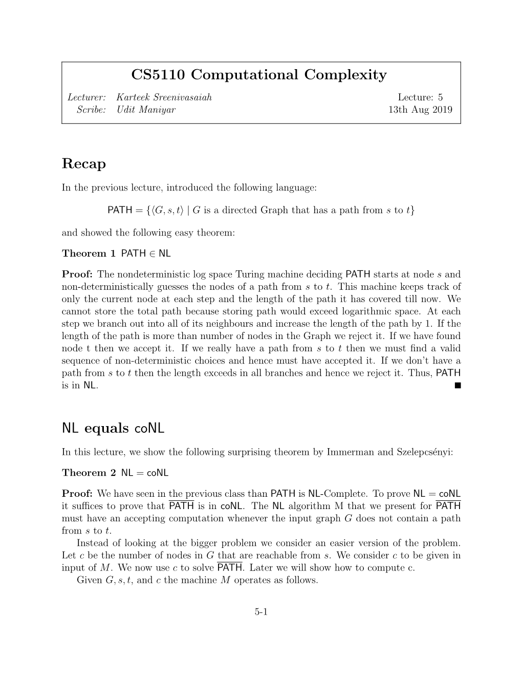 CS5110 Computational Complexity Recap NL Equals Conl