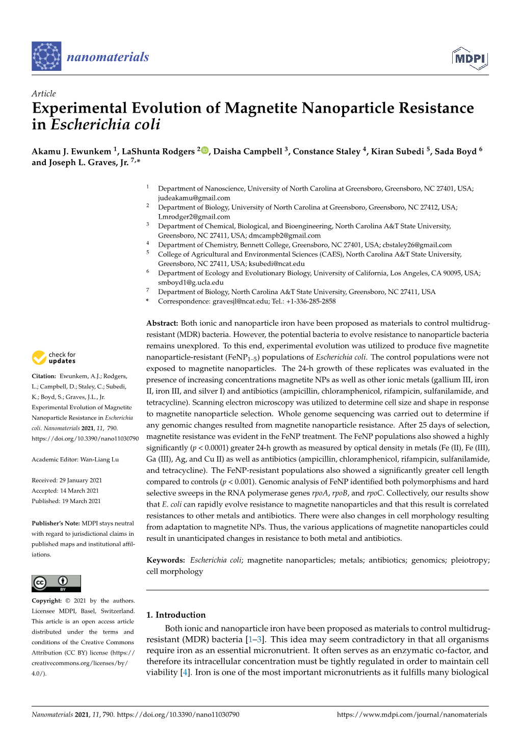 Experimental Evolution of Magnetite Nanoparticle Resistance in Escherichia Coli