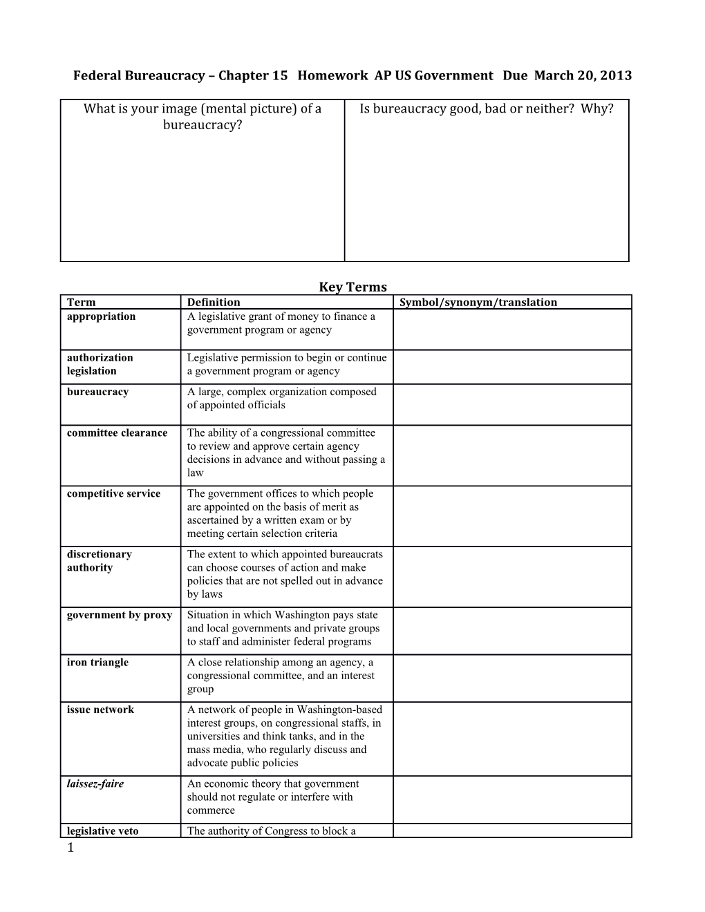 Federal Bureaucracy Chapter 15 Homework AP US Government Due March 20, 2013