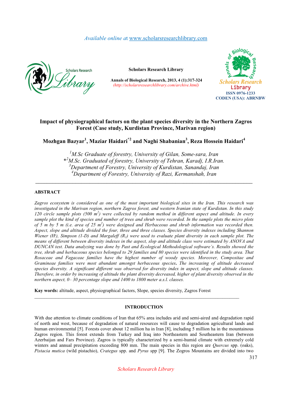 Impact of Physiographical Factors on the Plant Species Diversity in the Northern Zagros Forest (Case Study, Kurdistan Province, Marivan Region)