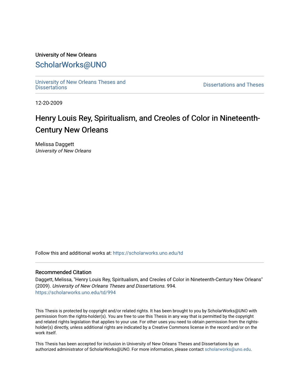 Henry Louis Rey, Spiritualism, and Creoles of Color in Nineteenth- Century New Orleans