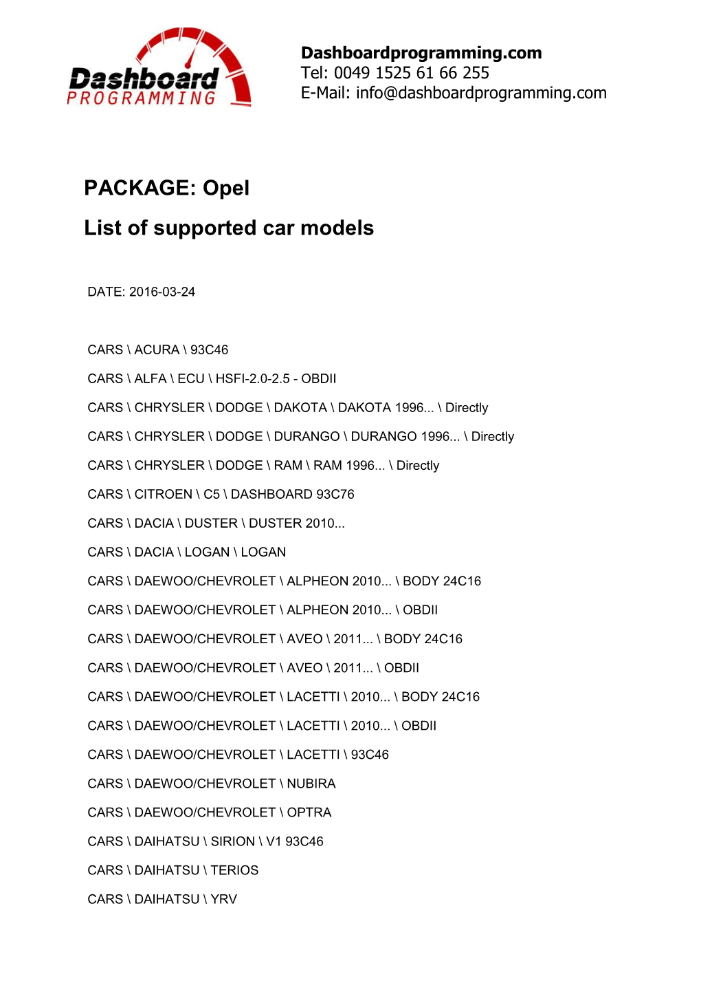 PACKAGE: Opel List of Supported Car Models