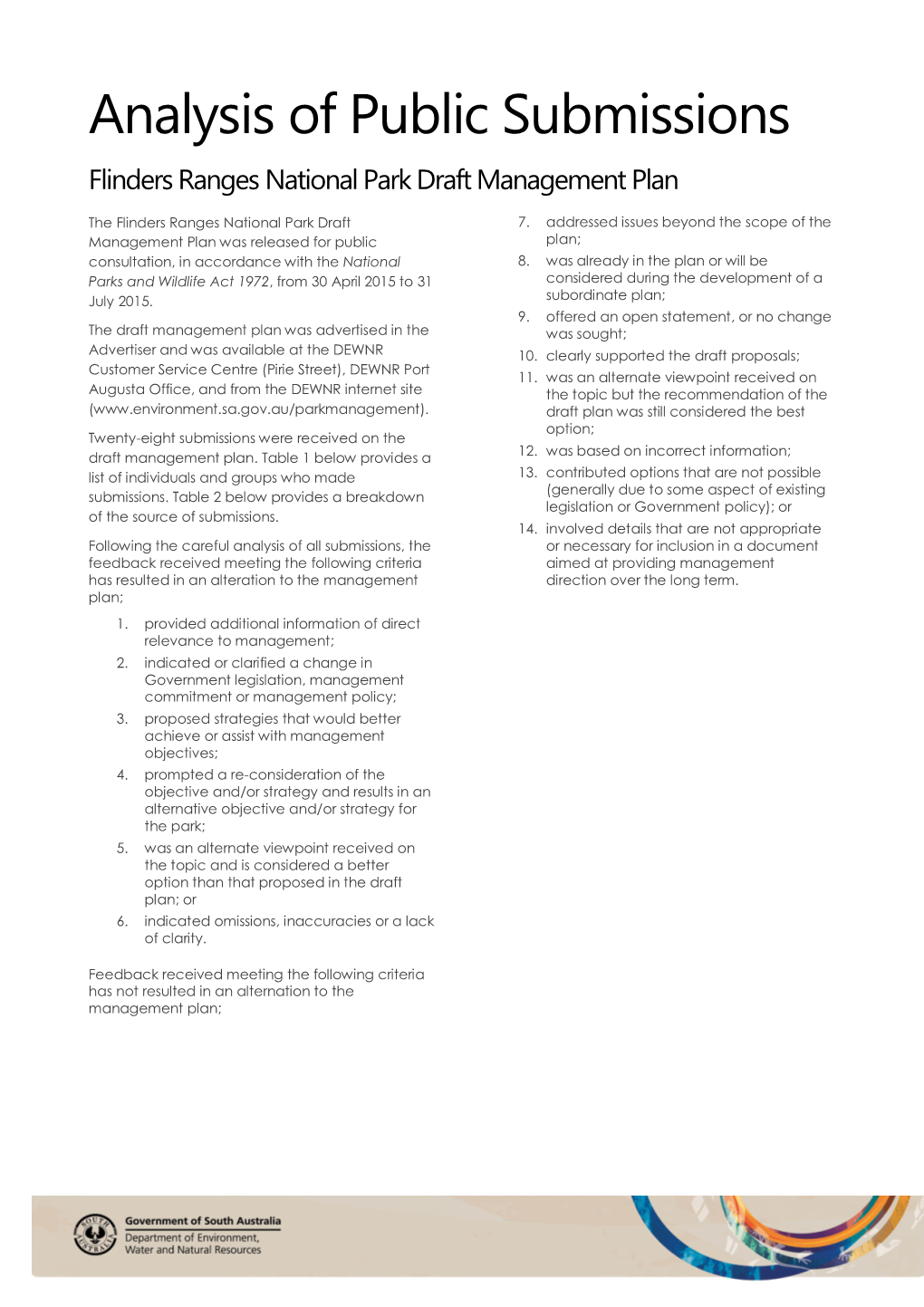 Analysis of Public Submissions Flinders Ranges National Park Draft Management Plan