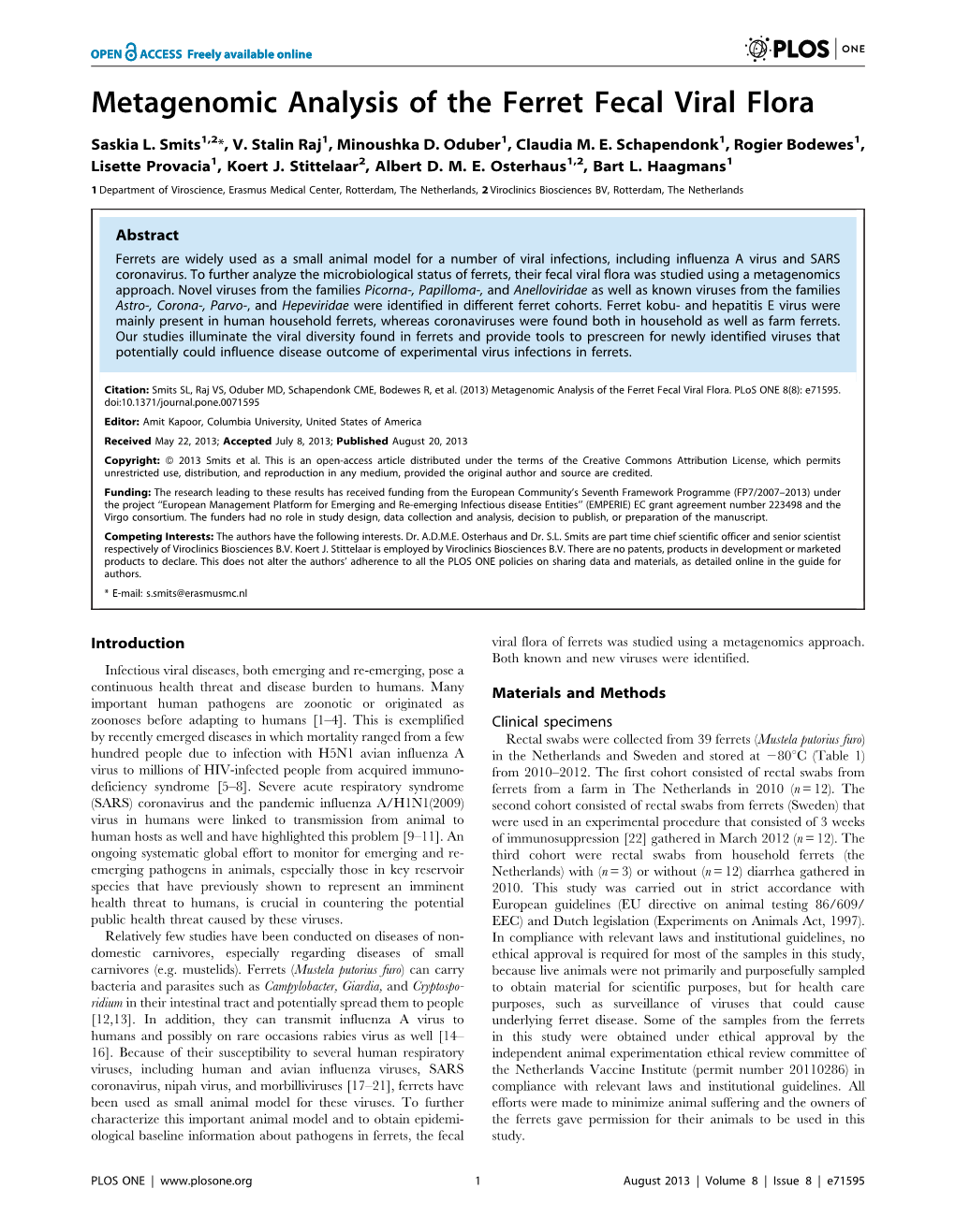 Metagenomic Analysis of the Ferret Fecal Viral Flora