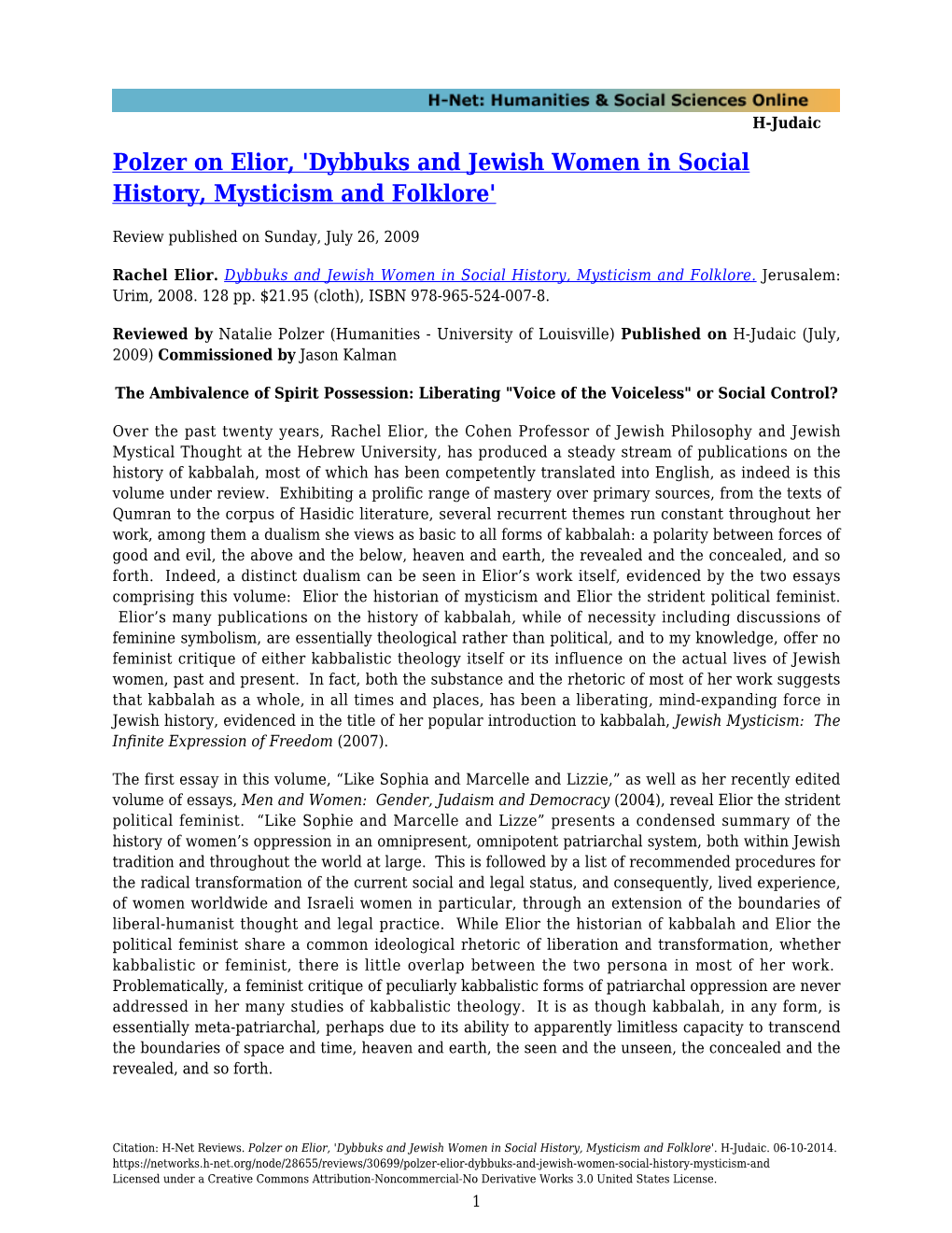 Polzer on Elior, 'Dybbuks and Jewish Women in Social History, Mysticism and Folklore'