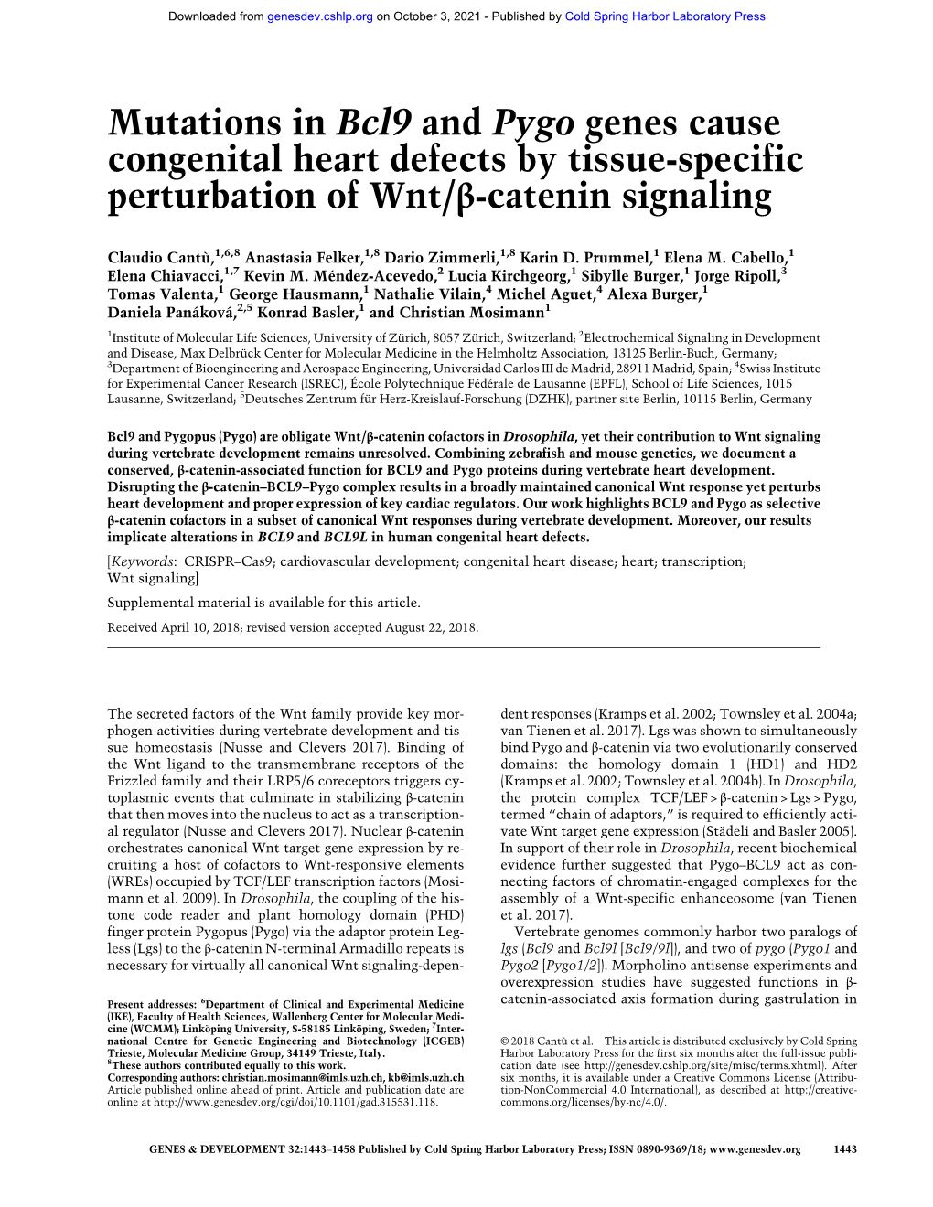 Mutations in Bcl9 and Pygo Genes Cause Congenital Heart Defects by Tissue-Specific Perturbation of Wnt/Β-Catenin Signaling