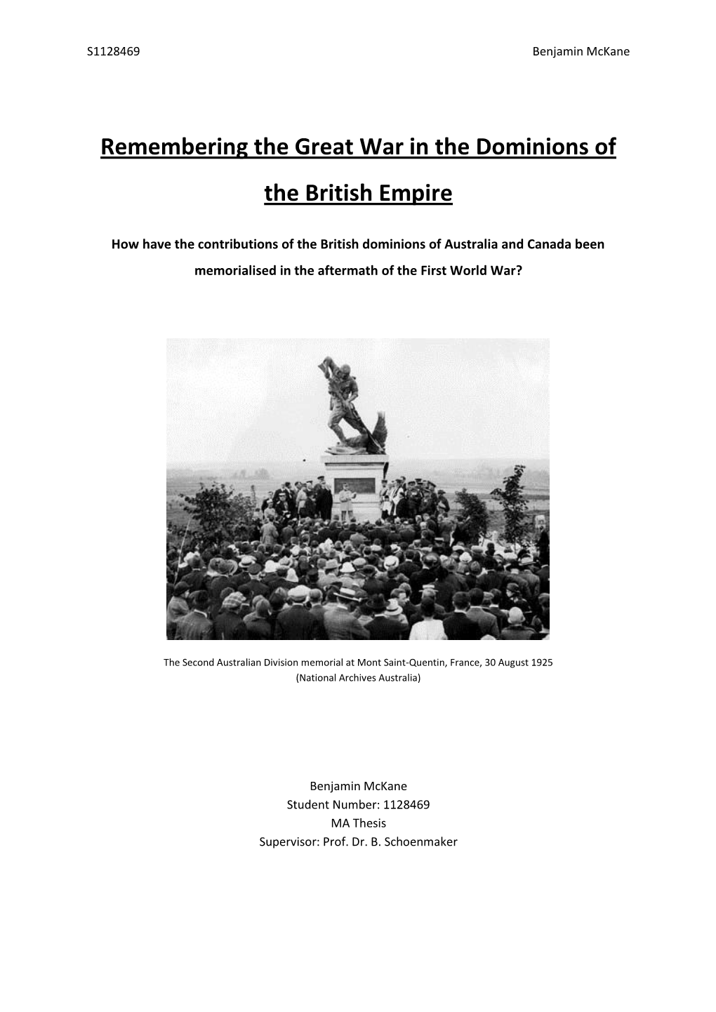 Remembering the Great War in the Dominions of the British Empire
