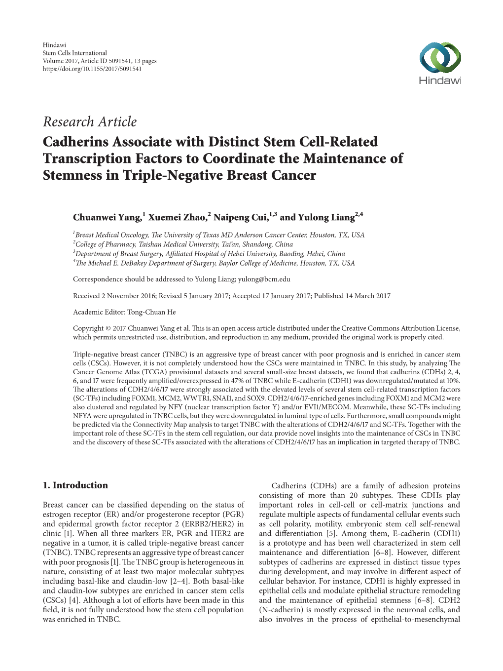 Cadherins Associate with Distinct Stem Cell-Related Transcription Factors to Coordinate the Maintenance of Stemness in Triple-Negative Breast Cancer