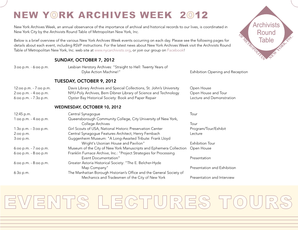 2012 New York Archives Week Calendar