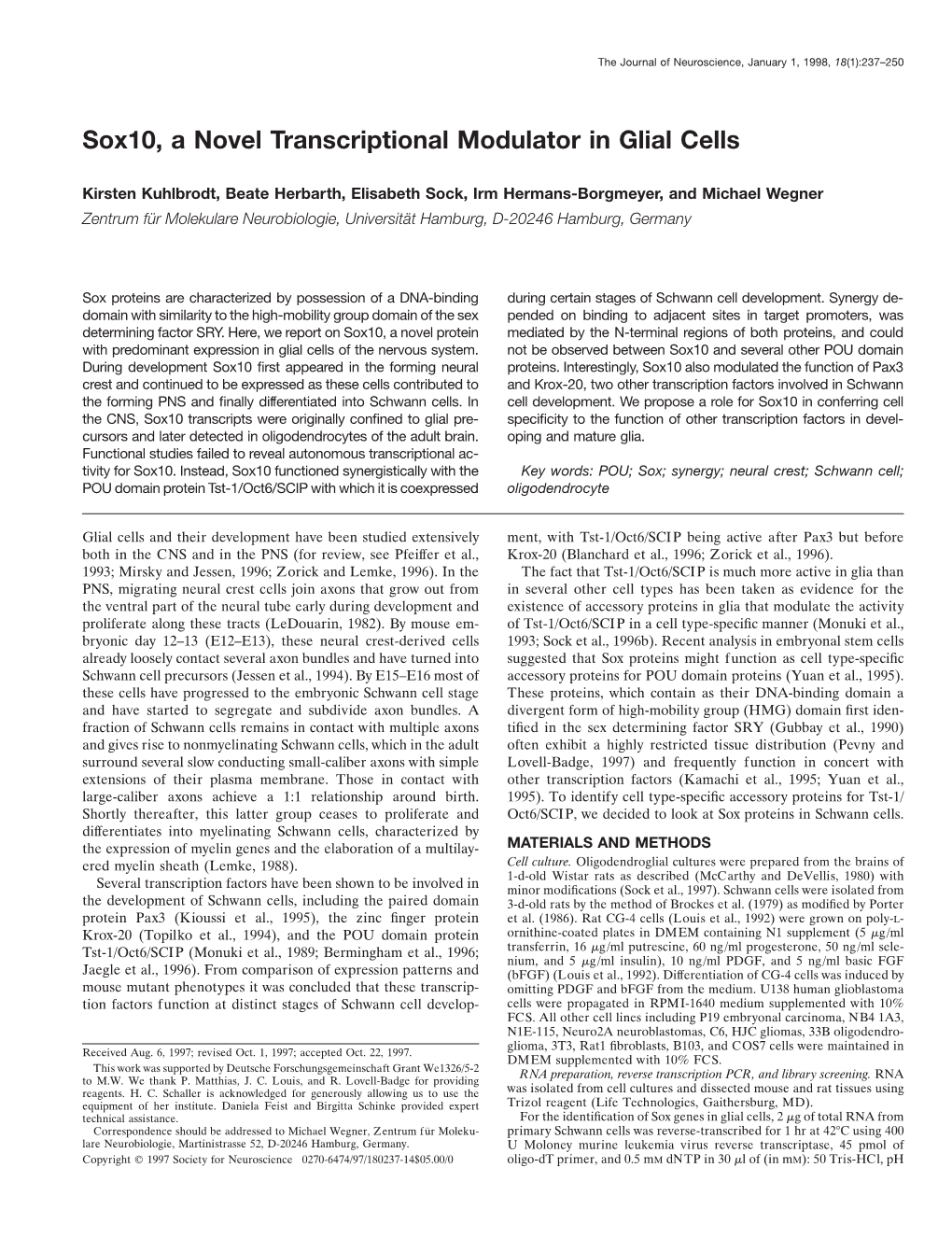 Sox10, a Novel Transcriptional Modulator in Glial Cells