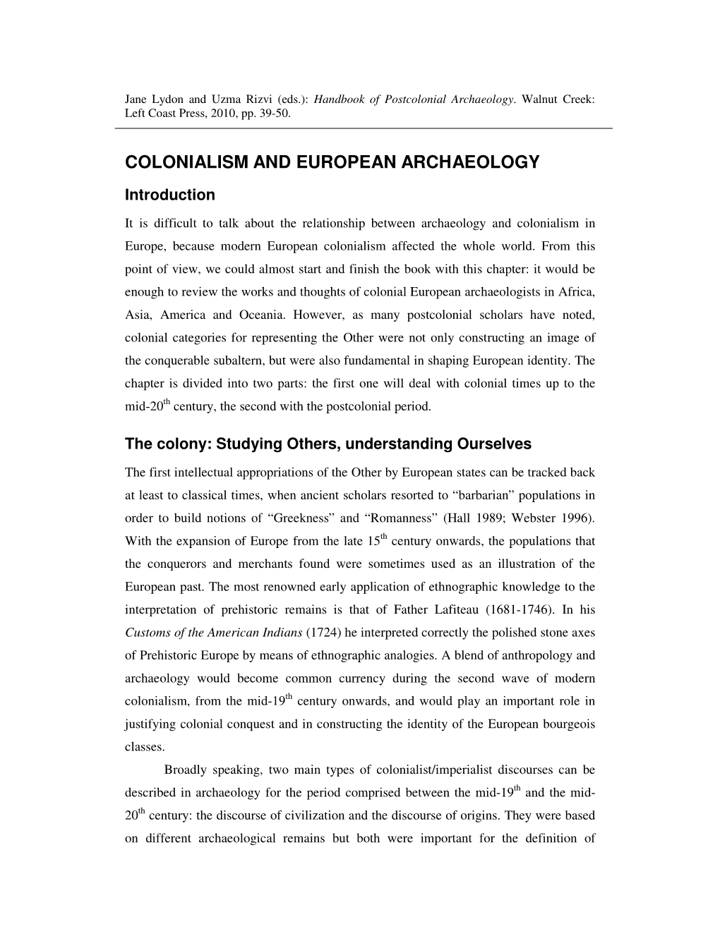 Colonialism and European Archaeology