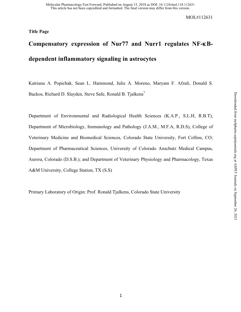 Compensatory Expression of Nur77 and Nurr1 Regulates NF-Κb- Dependent Inflammatory Signaling in Astrocytes