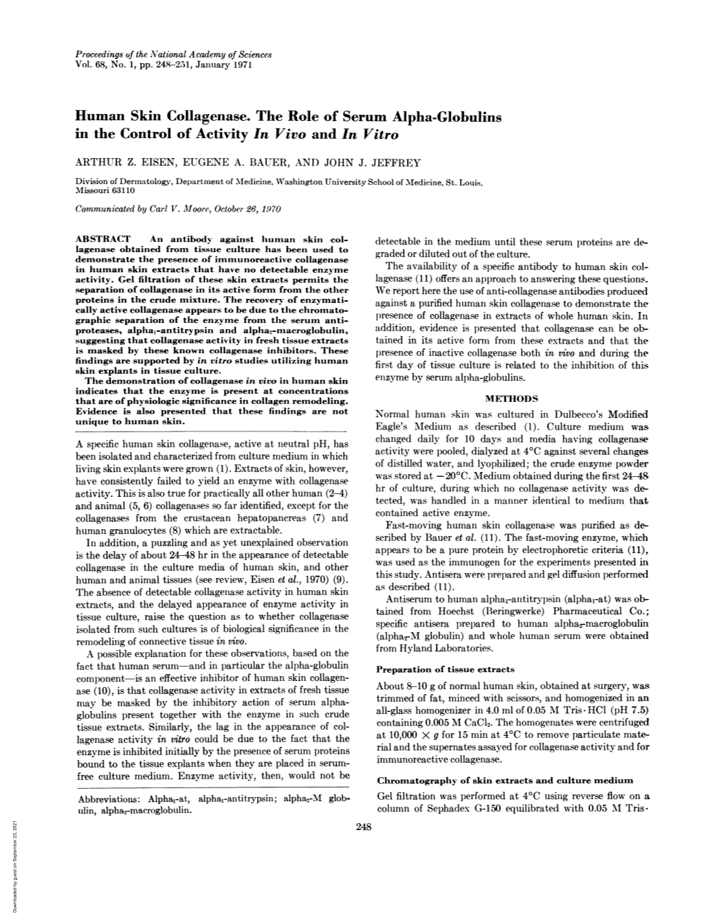 Human Skin Collagenase. the Role of Serum Alpha-Globulins in the Control of Activity in Vivo and in Vitro