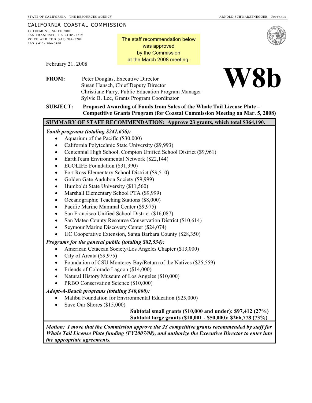 California Coastal Commission Staff Memorandum Regarding Proposed Awarding of Funds from Sales of the Whale Tail License Plate