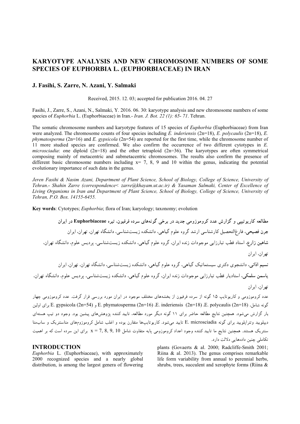 Karyotype Analysis and New Chromosome Numbers of Some Species of Euphorbia L