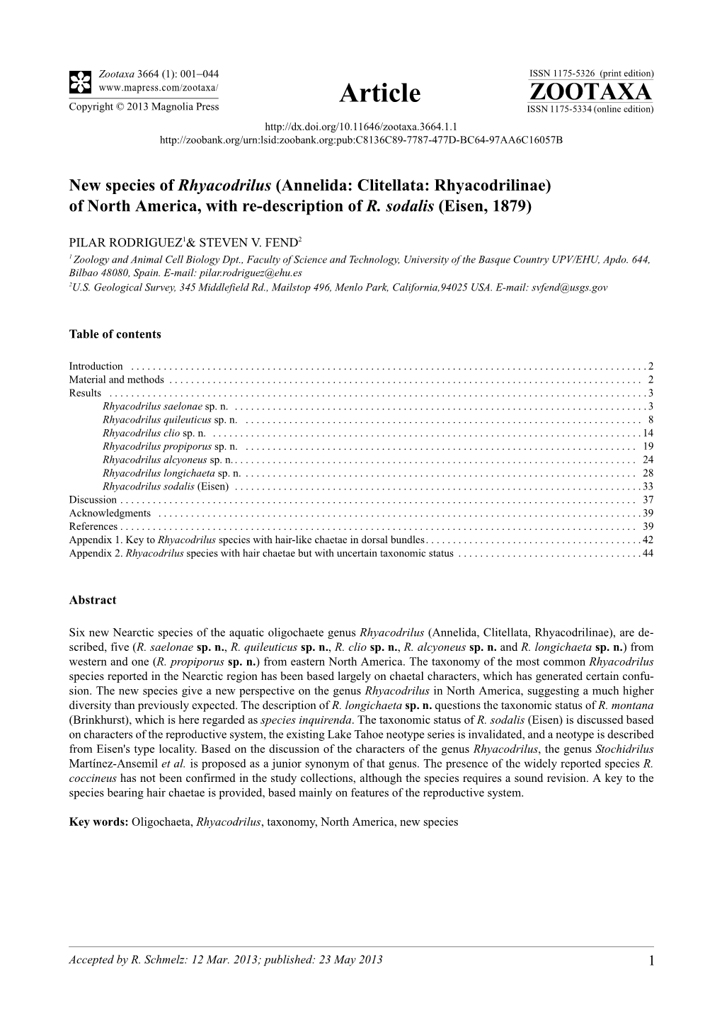 Annelida: Clitellata: Rhyacodrilinae) of North America, with Re-Description of R