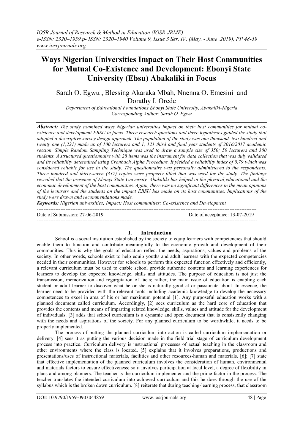 Ways Nigerian Universities Impact on Their Host Communities for Mutual Co-Existence and Development: Ebonyi State University (Ebsu) Abakaliki in Focus