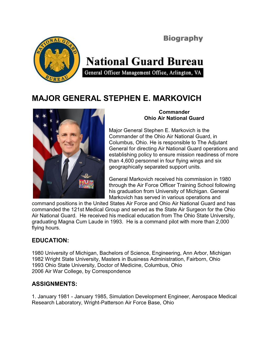 Major General Stephen E. Markovich