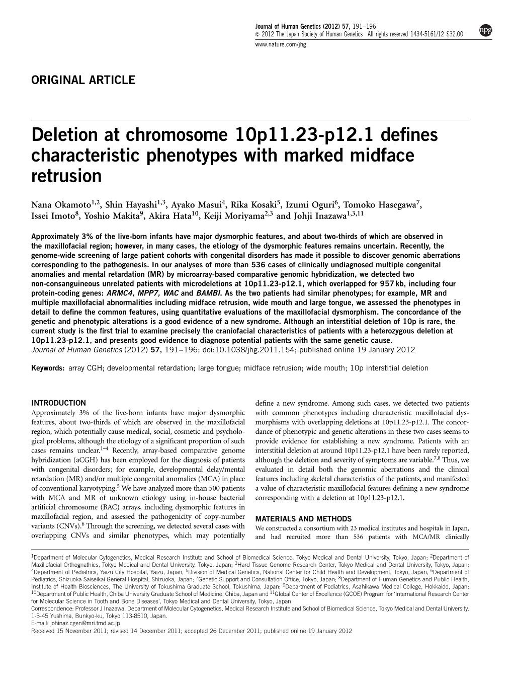 Deletion at Chromosome 10P11.23-P12.1 Defines