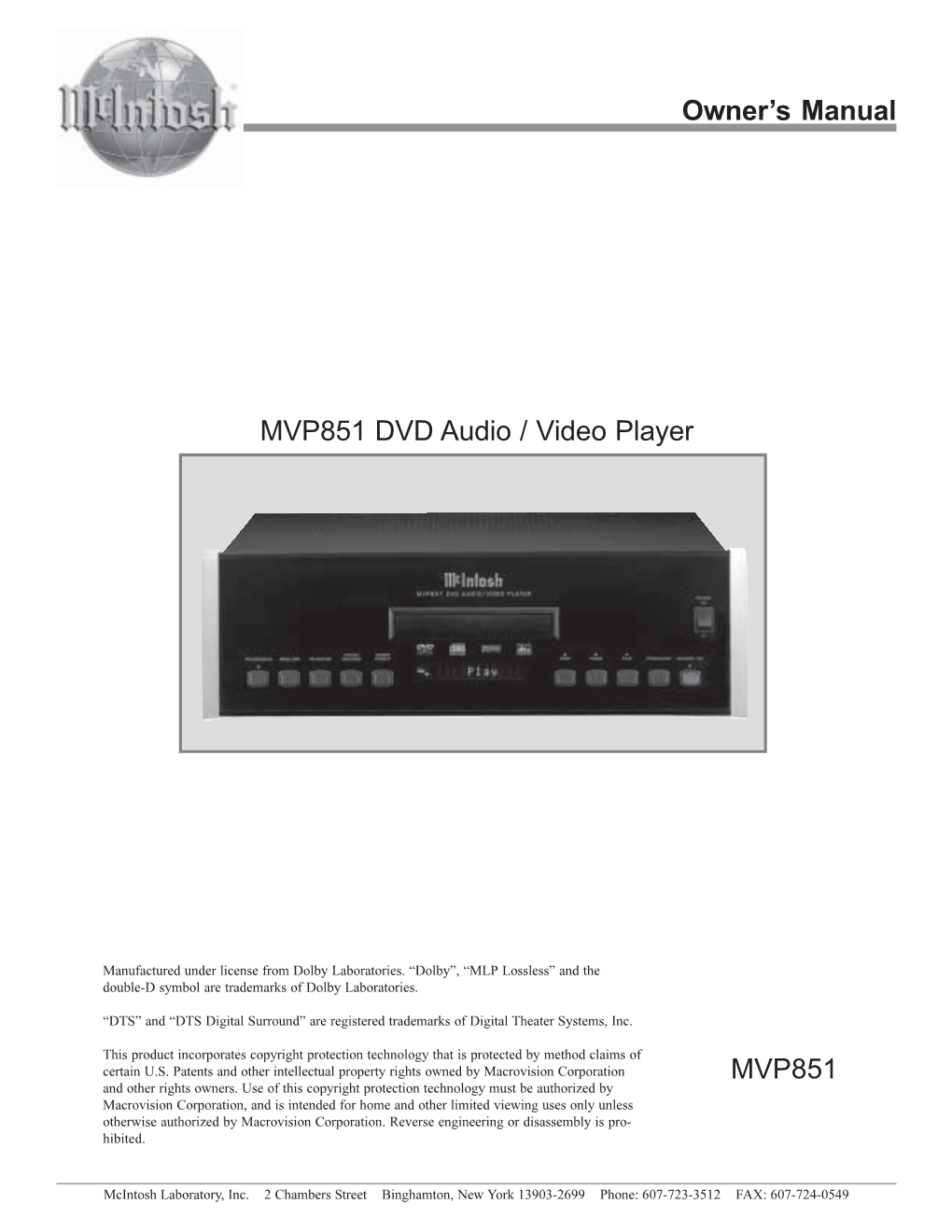Owner's Manual MVP851 MVP851 DVD Audio / Video Player