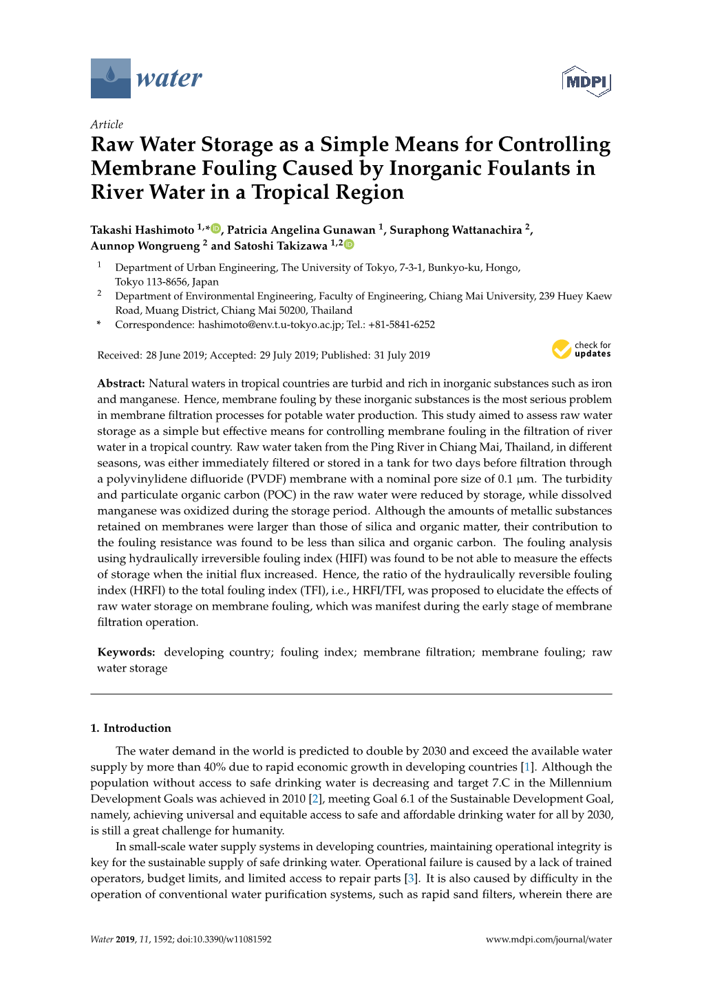 Raw Water Storage As a Simple Means for Controlling Membrane Fouling Caused by Inorganic Foulants in River Water in a Tropical Region