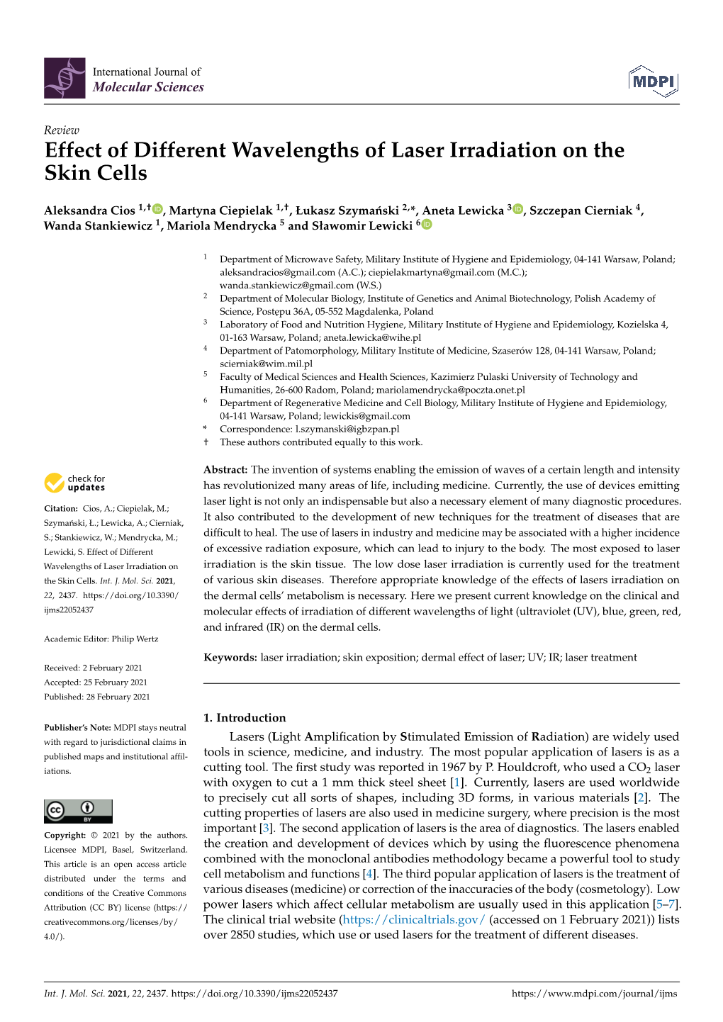 Effect of Different Wavelengths of Laser Irradiation on the Skin Cells