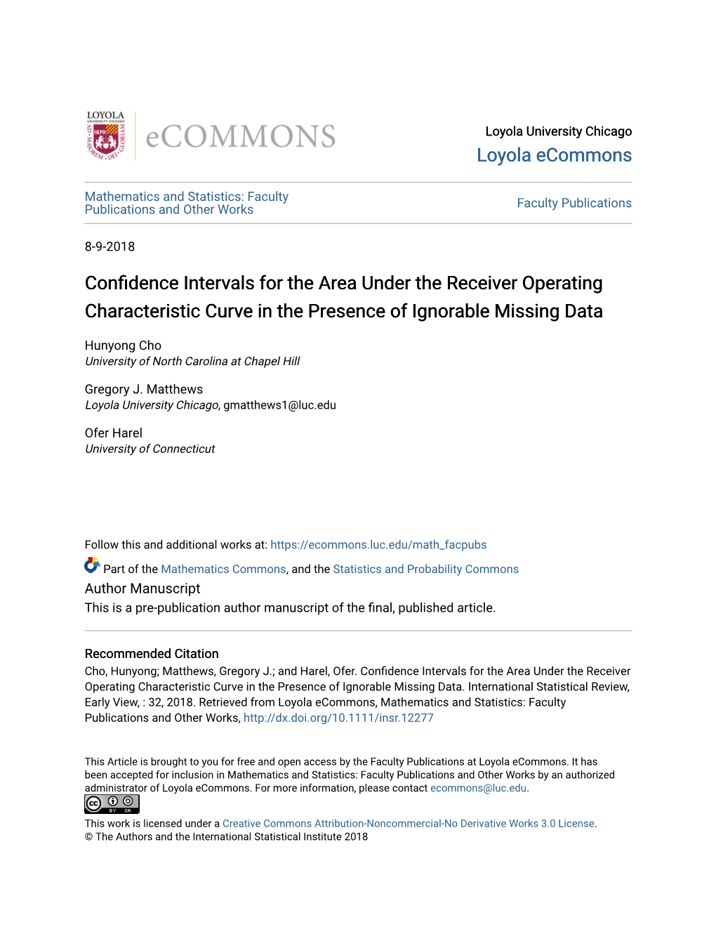 Confidence Intervals for the Area Under the Receiver Operating Characteristic Curve in the Presence of Ignorable Missing Data