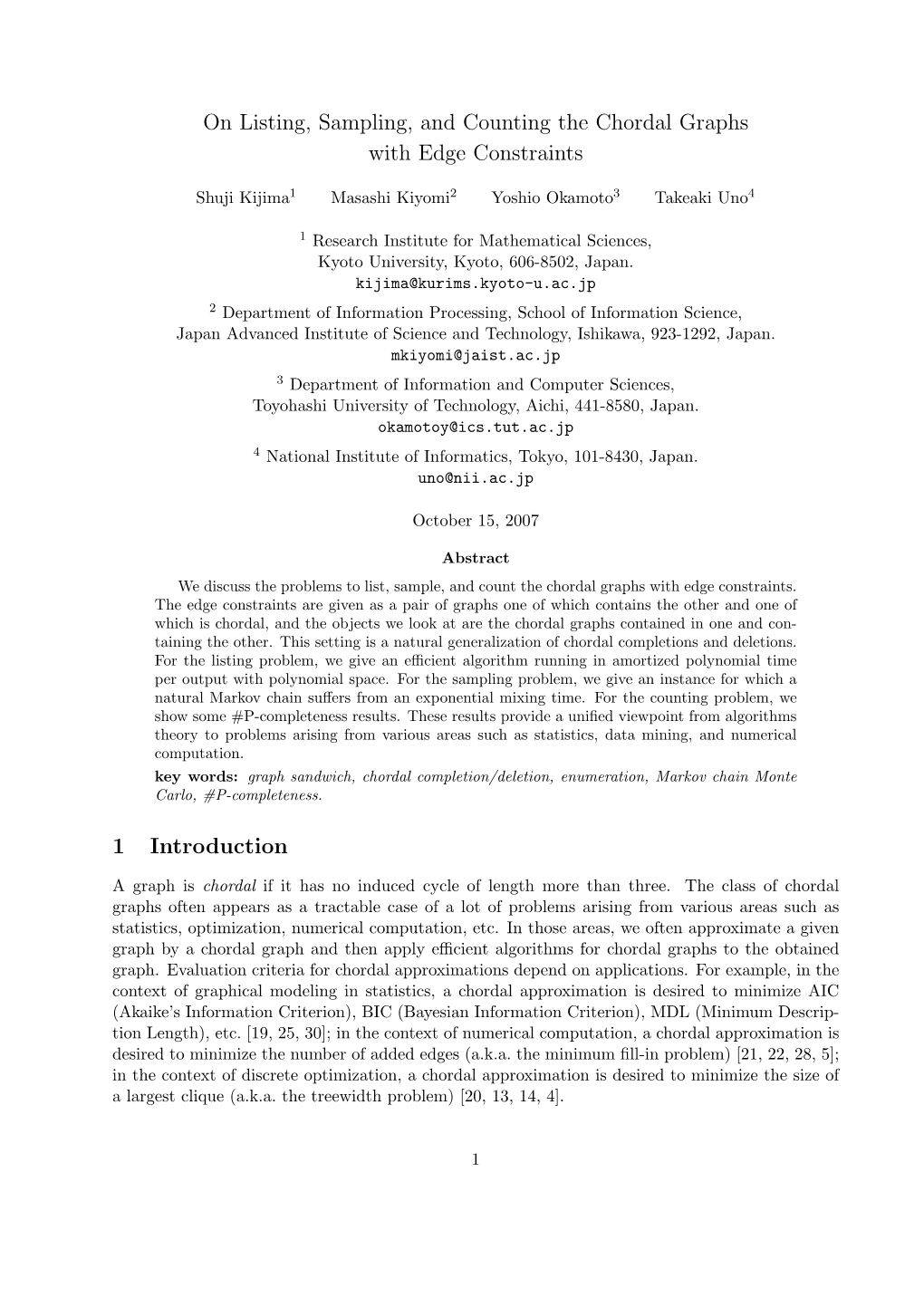 On Listing, Sampling, and Counting the Chordal Graphs with Edge Constraints 1 Introduction