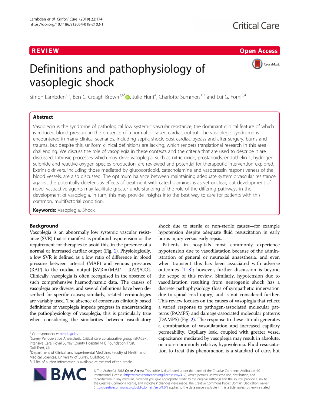 Definitions and Pathophysiology of Vasoplegic Shock Simon Lambden1,2, Ben C