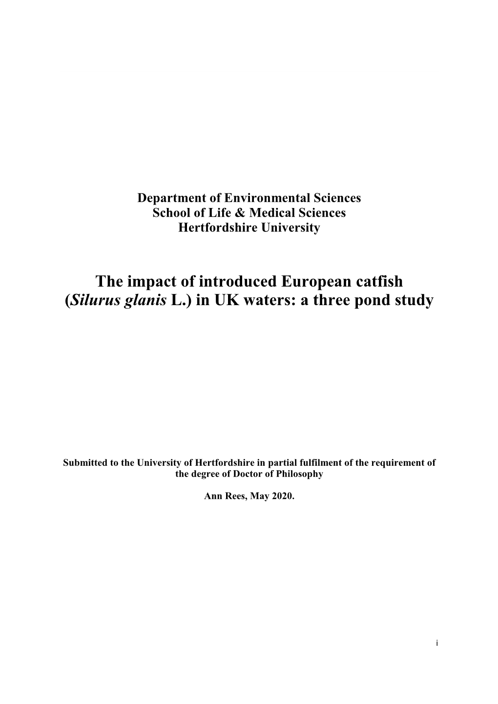 The Impact of Introduced European Catfish (Silurus Glanis L.) in UK Waters: a Three Pond Study