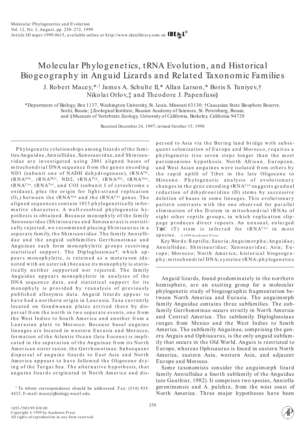 Molecular Phylogenetics, Trna Evolution, and Historical Biogeography in Anguid Lizards and Related Taxonomic Families J