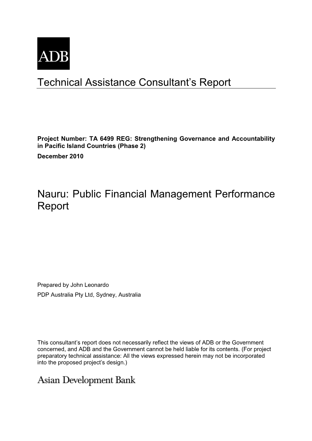 Technical Assistance Consultant's Report Nauru: Public Financial Management Performance Report