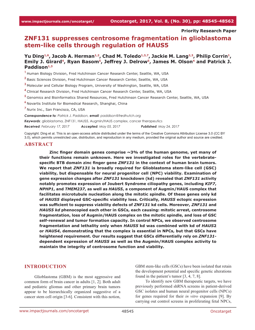 ZNF131 Suppresses Centrosome Fragmentation in Glioblastoma Stem-Like Cells Through Regulation of HAUS5