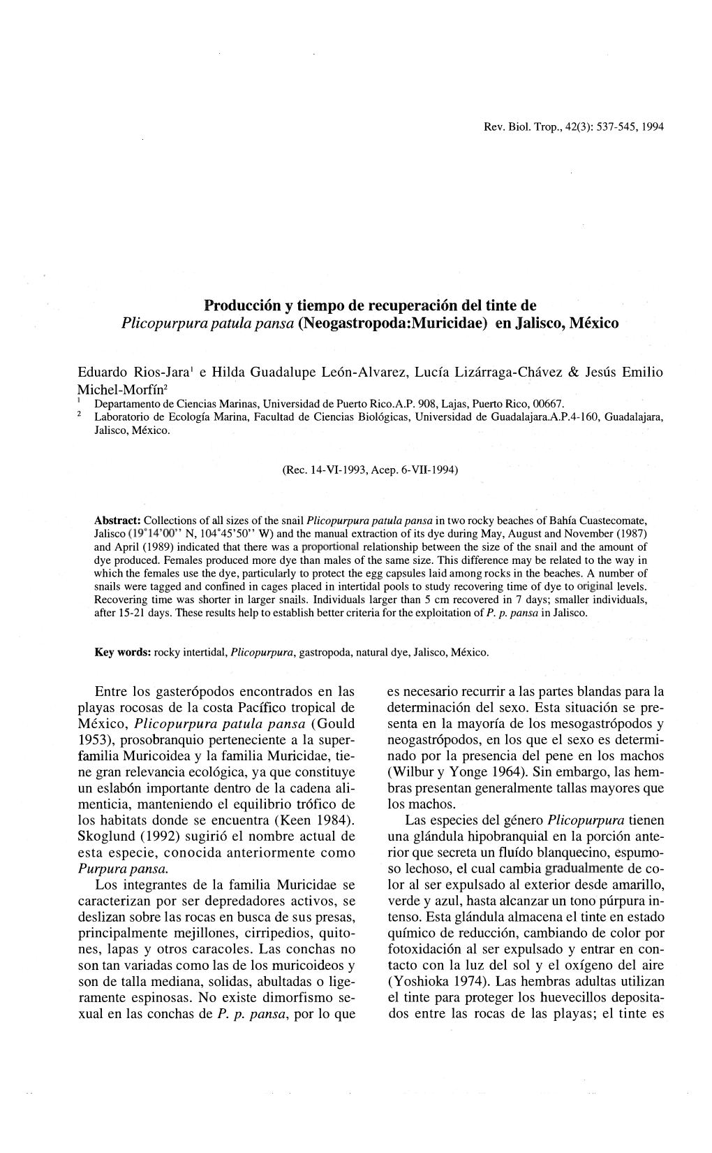 Producción Y Tiempo De Recuperación Del Tinte De Plicopurpura Patula Pansa