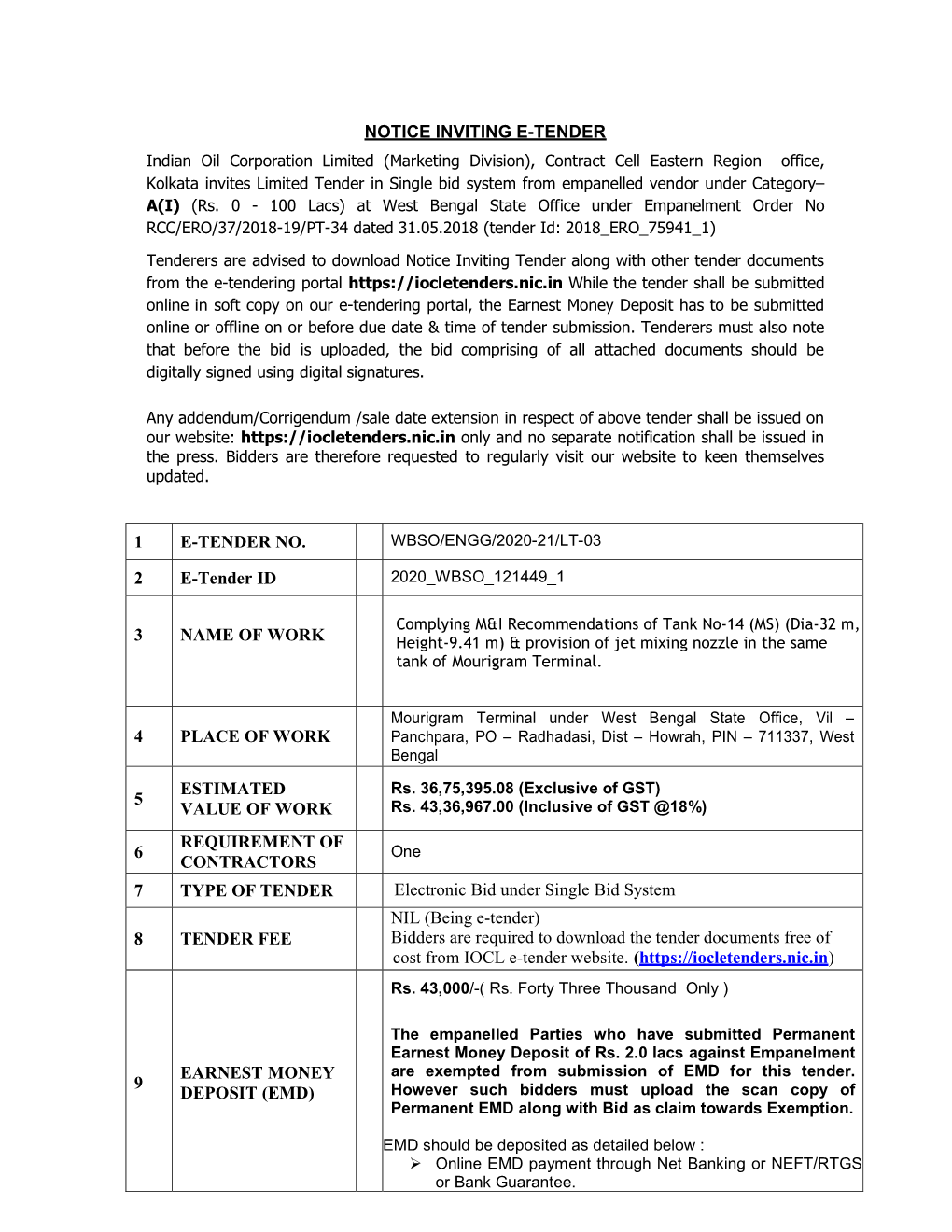 NOTICE INVITING E-TENDER 1 E-TENDER NO. 2 E-Tender ID 3