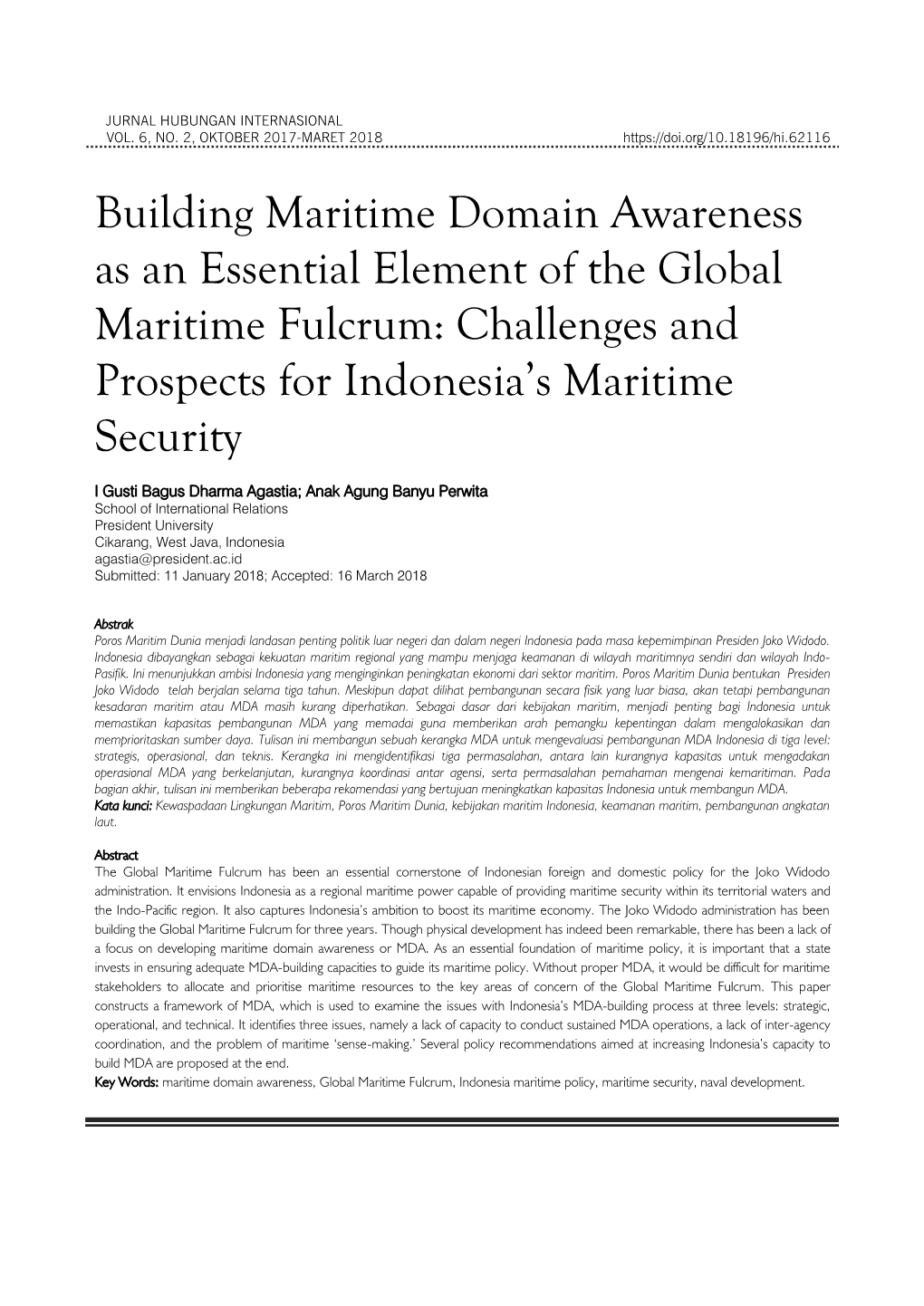 Building Maritime Domain Awareness As an Essential Element of the Global Maritime Fulcrum: Challenges and Prospects for Indonesia’S Maritime Security