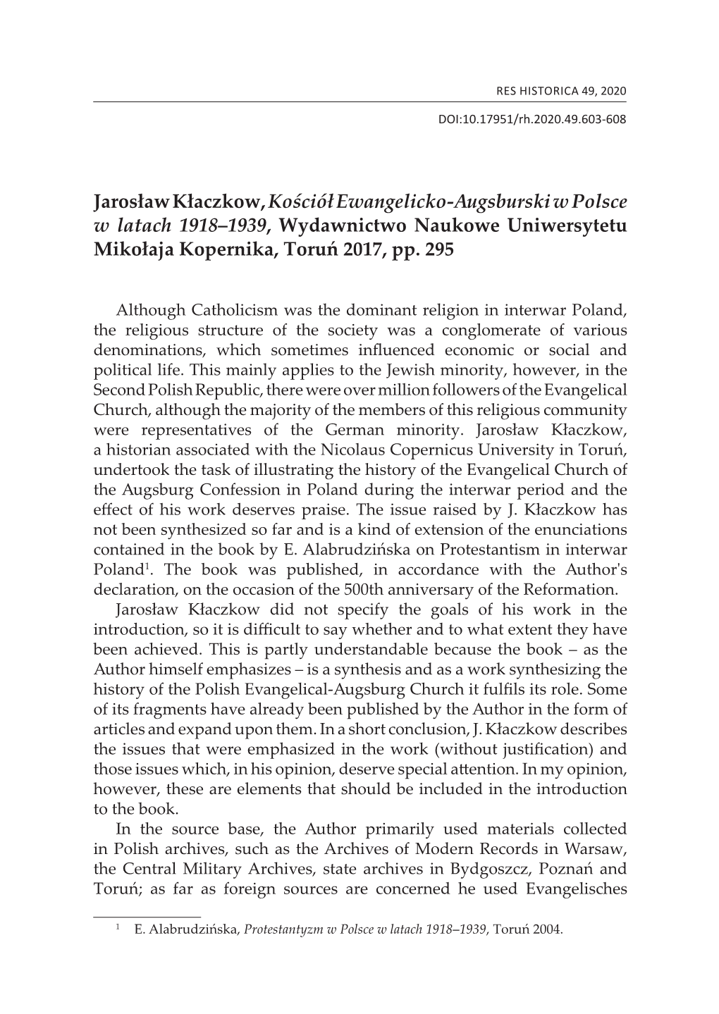 Jarosław Kłaczkow, Kościół Ewangelicko-Augsburski W Polsce W Latach 1918‒1939, Wydawnictwo Naukowe Uniwersytetu Mikołaja