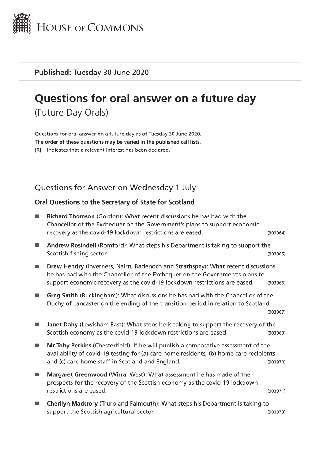 Future Oral Questions As of Tue 30 Jun 2020