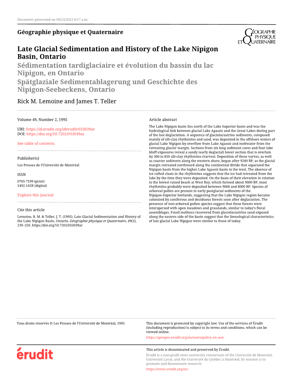 Late Glacial Sedimentation and History of the Lake Nipigon Basin