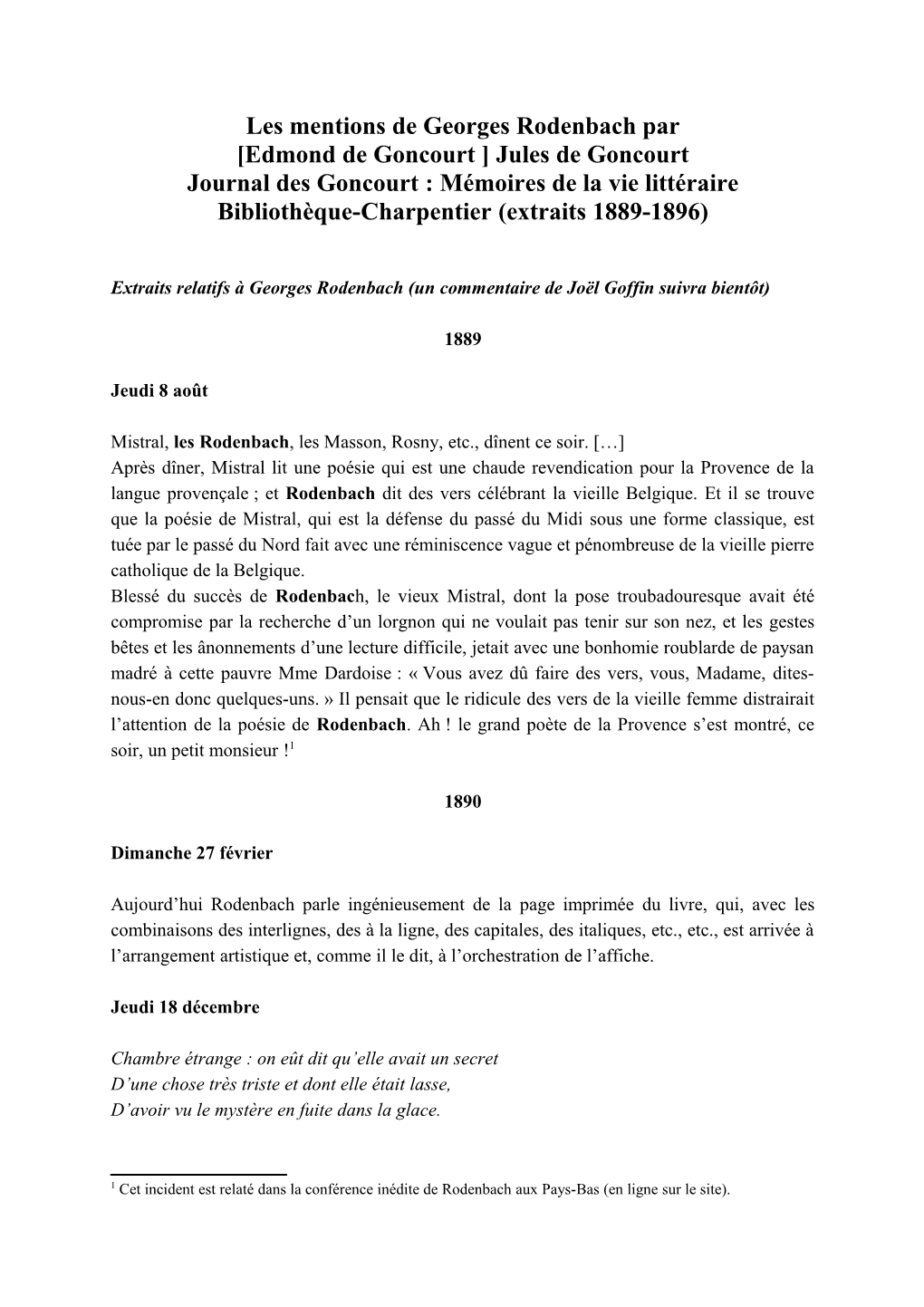 Les Mentions De Georges Rodenbach Par [Edmond De Goncourt ] Jules De Goncourt Journal Des Goncourt : Mémoires De La Vie Littér