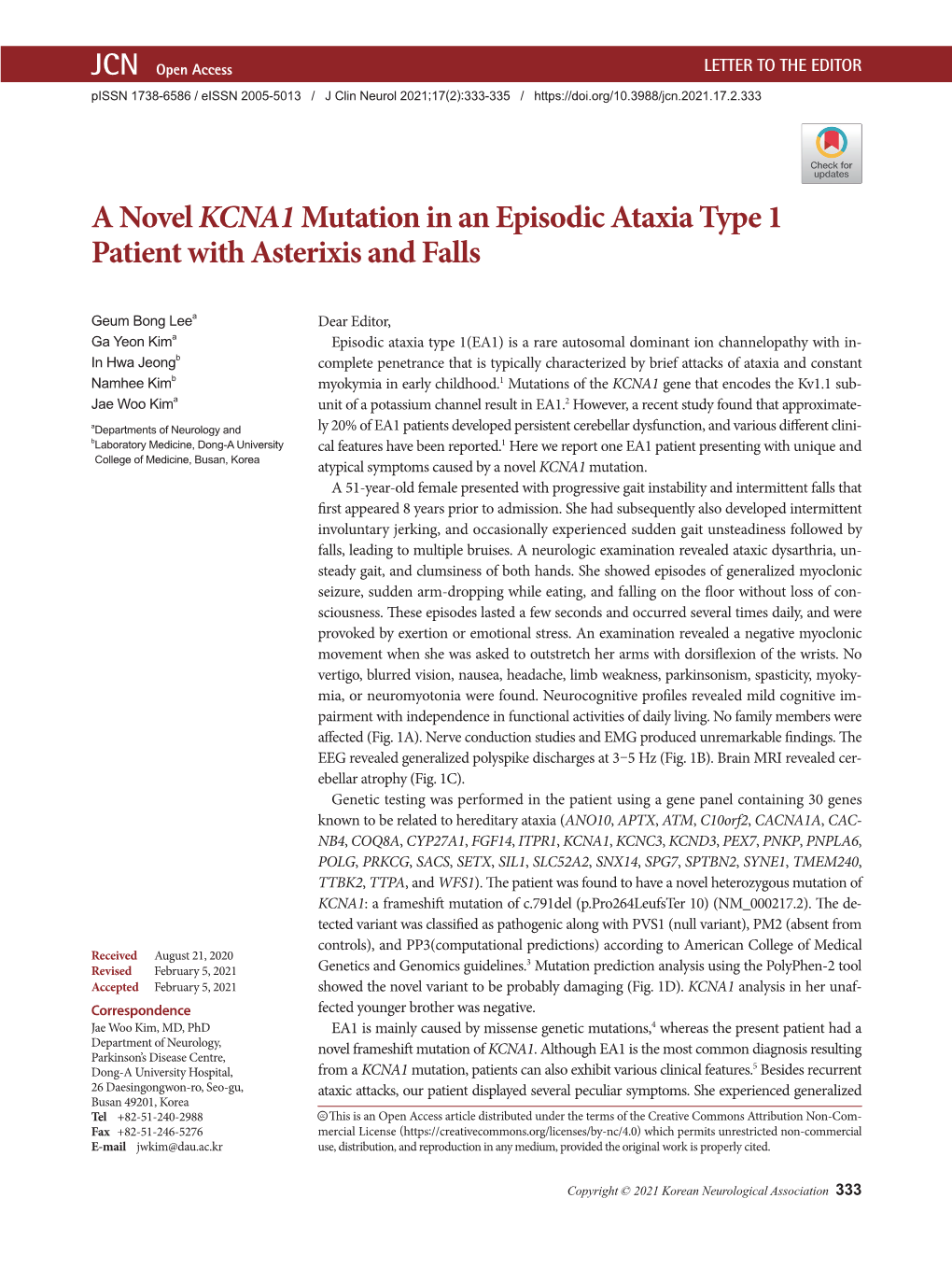 A Novel Kcna1mutation in an Episodic Ataxia Type 1 Patient With